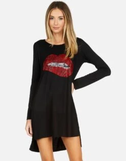 Sweater Store -Sweater Store lauren moshi X crystal biting lip long sleeve dress 3052 RSN X13056 BLK 07