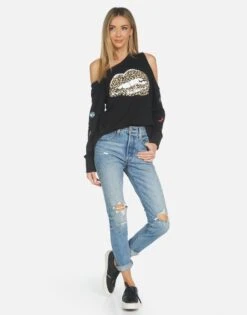 Trinidy Leopard Lip 10 Trinidy Leopard Lip -Sweater Store lauren moshi clothing trinidy leopard lip off shoulder pullover made in los angeles usa 1273 MSF 14293 BLK 03