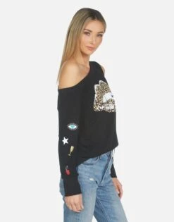 Trinidy Leopard Lip 12 Trinidy Leopard Lip -Sweater Store lauren moshi clothing trinidy leopard lip off shoulder pullover made in los angeles usa 1273 MSF 14293 BLK 05