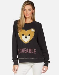 Jocelyn Loveable Heart Teddy -Sweater Store lauren moshi striped heart teddy loveable vintage raglan pullover 1396 FTL 13277E100 ONYX 01